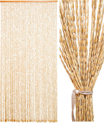 Bamboo Beaded Door Curtain 90x195cm 52 Strands Beige Wooden Fly Screen Doorway