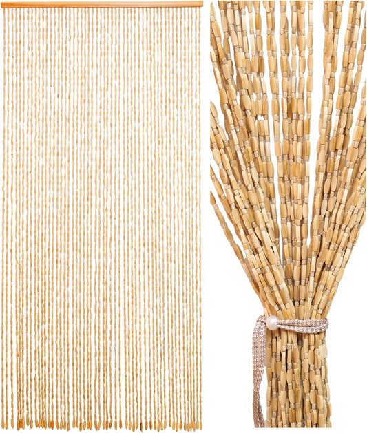 Bamboo Beaded Door Curtain 90x195cm 52 Strands Beige Wooden Fly Screen Doorway