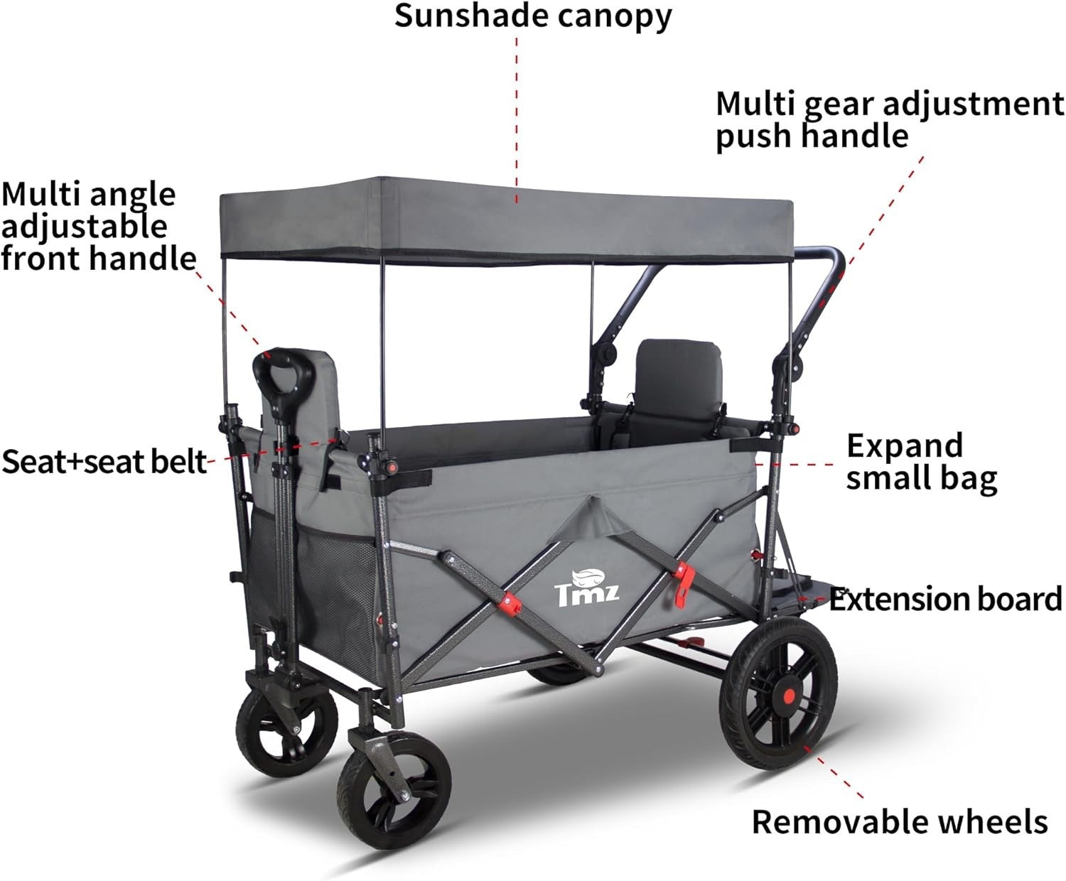 TMZ Folding Wagon Trolley 2 Seats Canopy Collapsible Garden Cart w/ Brake Grey