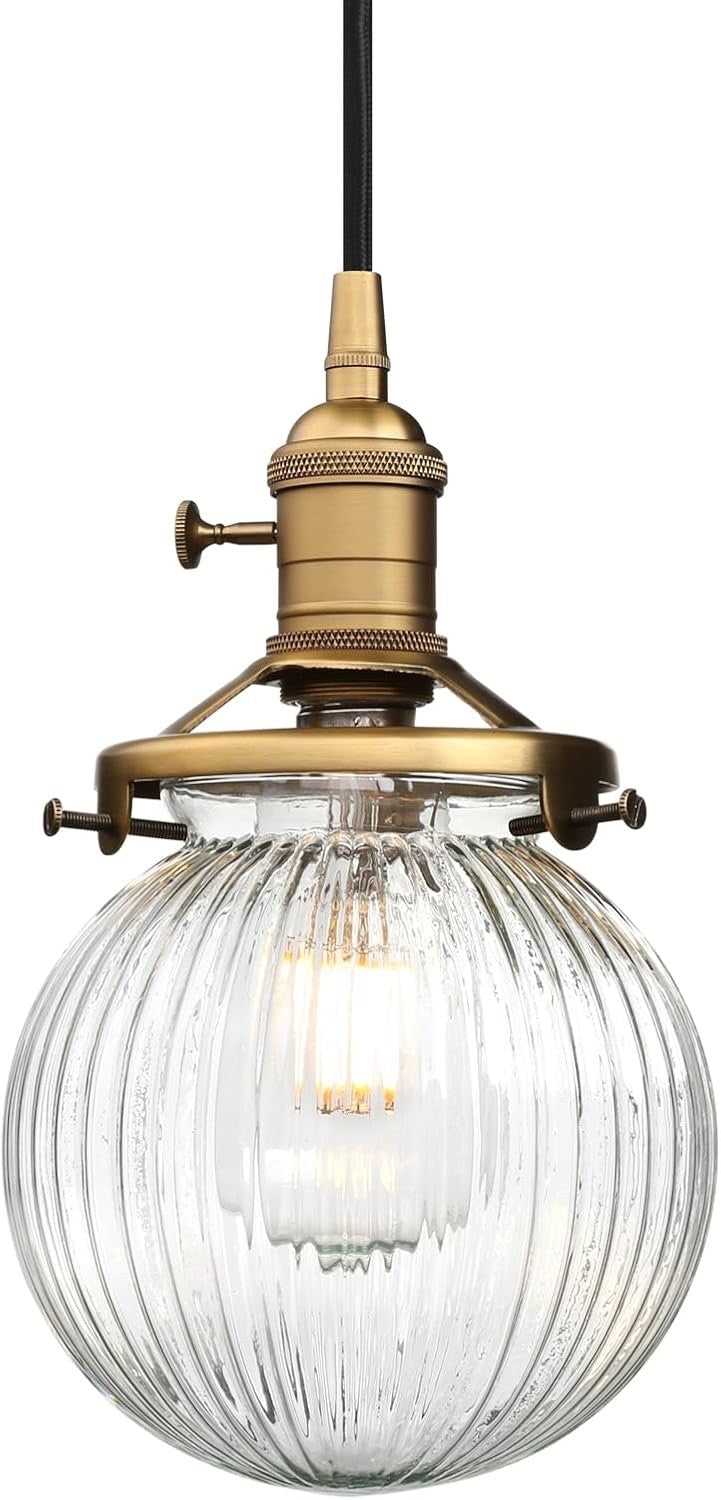 Industrial Pendant Ceiling Light 3 Head Ribbed Glass Antique Gold E27 Hanging