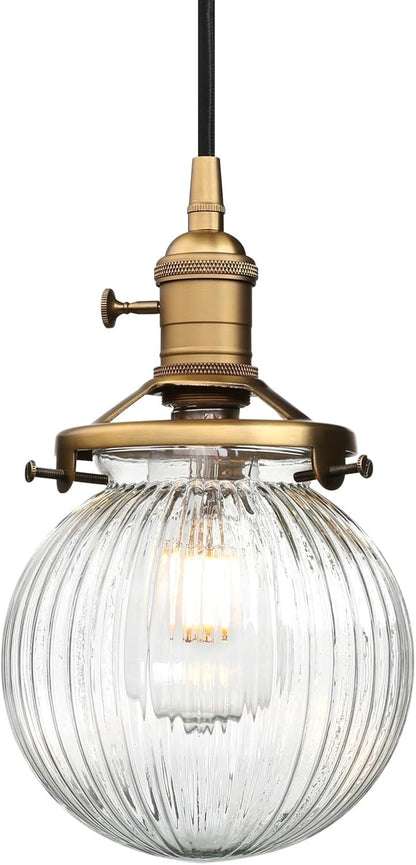 Industrial Pendant Ceiling Light 3 Head Ribbed Glass Antique Gold E27 Hanging