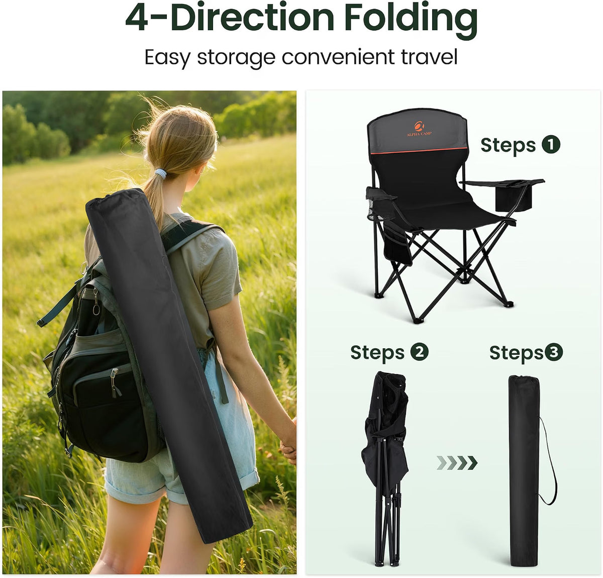 Folding Camping Chairs Pair Black Cooler Bag Cup Holder Side Pocket Carry Bags