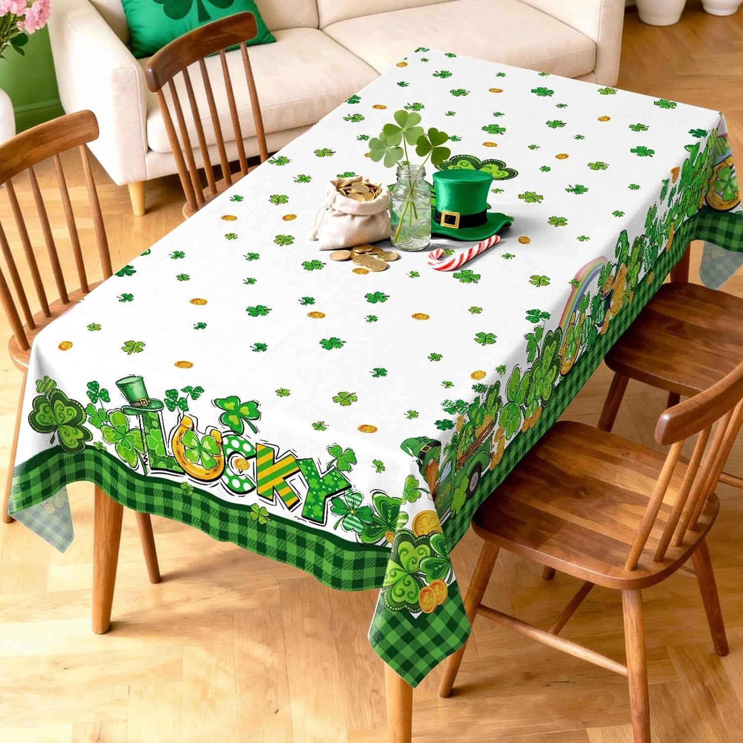 St Patricks Tablecloth Shamrock Clover Polyester Rectangular 60x84 Party Decor