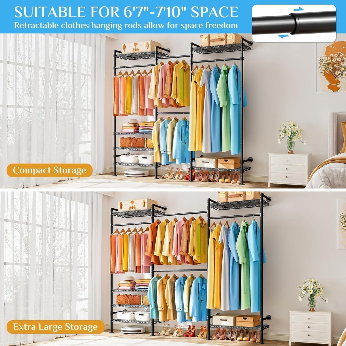 Clothes Rail Wardrobe Rack Adjustable Freestanding Storage 6 Shelves Double Rods