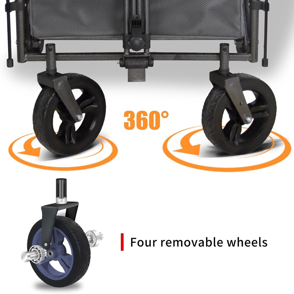 TMZ Folding Wagon Trolley 2 Seats Canopy Collapsible Garden Cart w/ Brake Grey