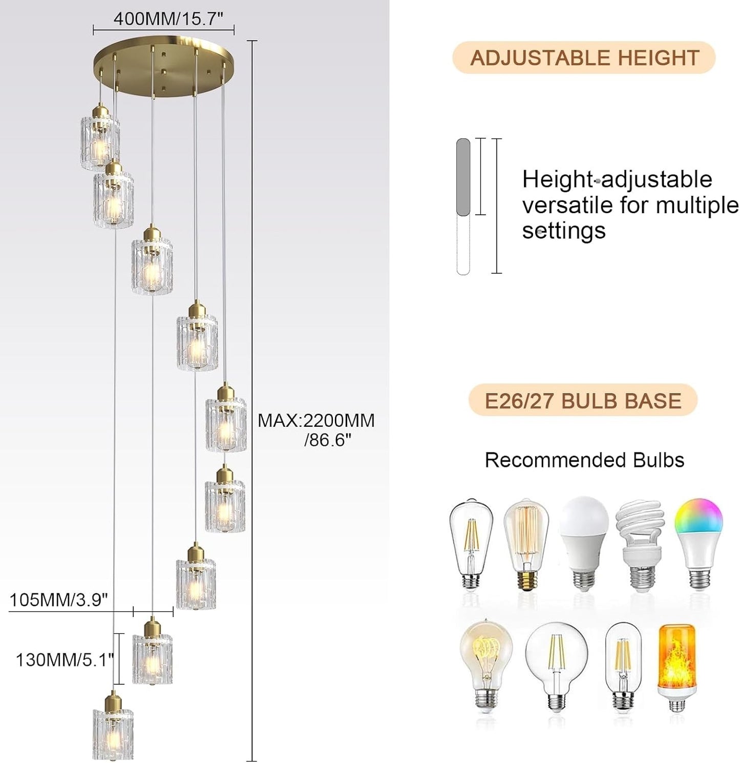 Modern Gold Chandelier 9 Light Glass Pendant E27 Adjustable 220cm Ceiling Lamp