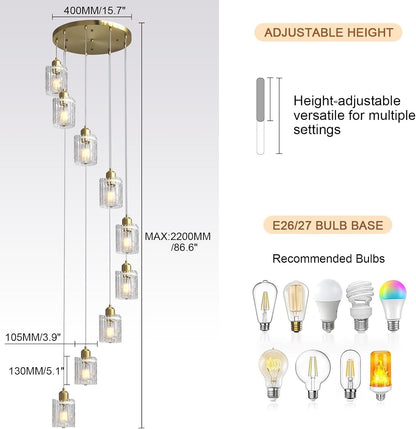 Modern Gold Chandelier 9 Light Glass Pendant E27 Adjustable 220cm Ceiling Lamp