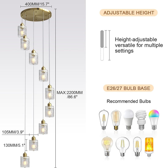 Modern Gold Chandelier 9 Light Glass Pendant E27 Adjustable 220cm Ceiling Lamp