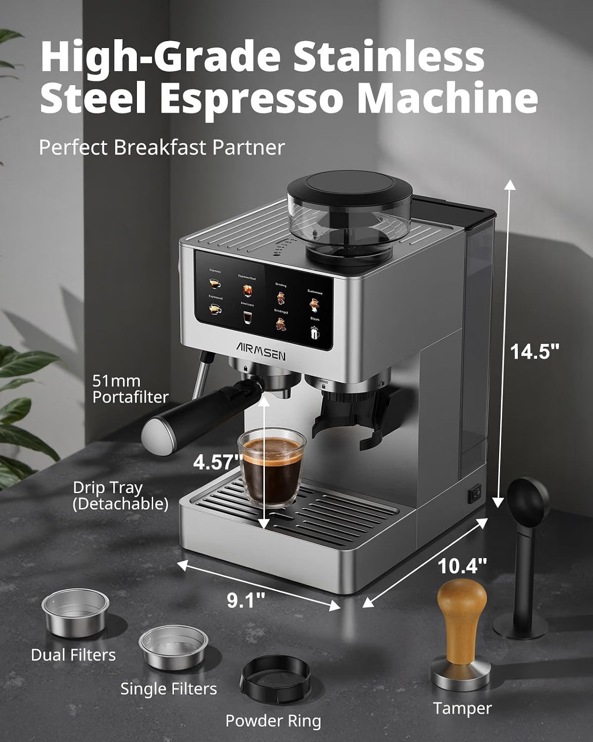 Bean To Cup Coffee Machine 20 Bar Grinder Milk Frother Touchscreen 1.8L 1350W