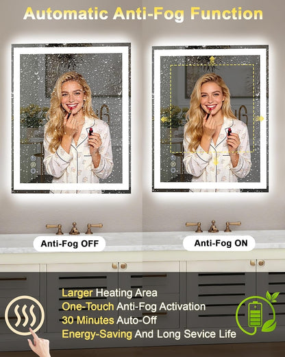 Bathroom Mirror LED 24x32in Front Backlit Anti-Fog Dimmable 3 Color Temperature