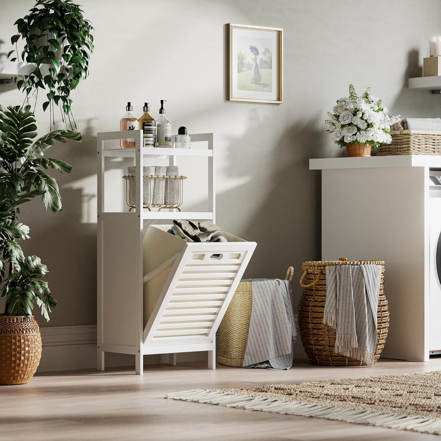 Laundry Hamper Cabinet Bamboo Tilt Out Bathroom Storage Basket Shelf 40L White