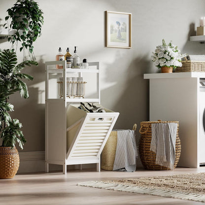 Laundry Hamper Cabinet Bamboo Tilt Out Bathroom Storage Basket Shelf 40L White