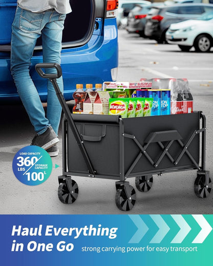 Folding Garden Trolley 100L Wagon Cart Portable Camping Shopping Black Utility