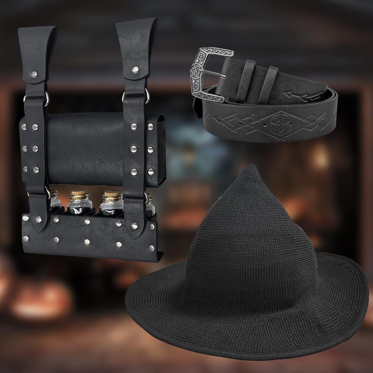 Witch Hat Belt Pouch Potion Vials Set Medieval Alchemy Cosplay Ren Faire 3PC