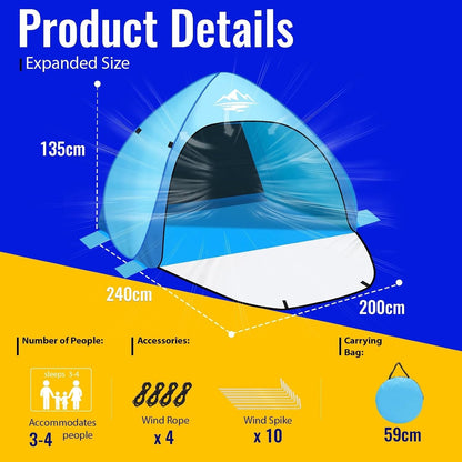 Beach Tent Sun Shelter Pop Up UV Protection Automatic Instant Lightweight 3-4P