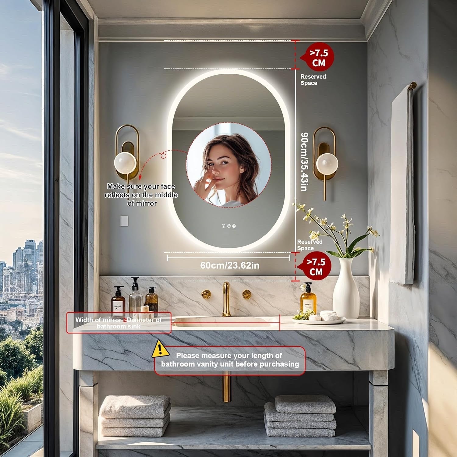 600x900mm LED Bathroom Mirror Anti Fog Dimmable 3 Color Light Wall Mounted IP56