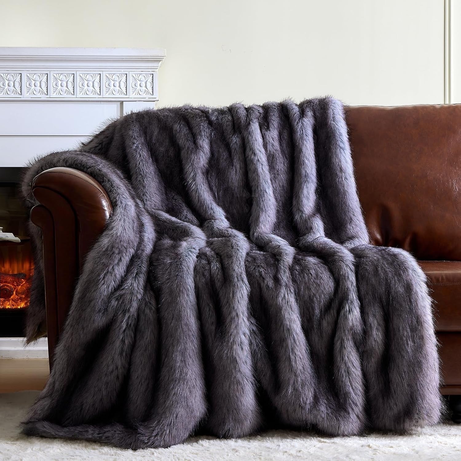 Faux Fur Throw Blanket Thick Warm Reversible Fluffy Grey Bed Sofa 230 x 270cm