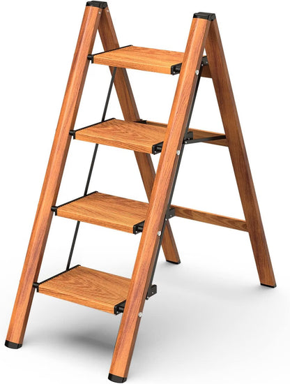 4 Step Ladder Folding Stool Carbon Steel Anti-Slip Wide Pedals 150kg Woodgrain