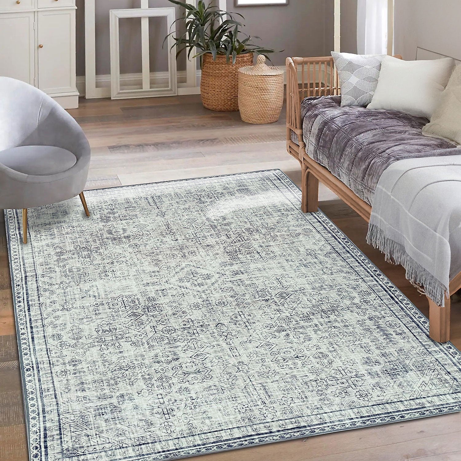Machine Washable Area Rug 152x213cm Living Room Bedroom Cream Taupe Grey