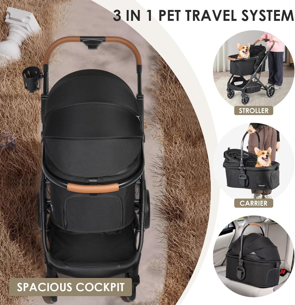 3 in 1 Pet Stroller Medium Dogs 66lbs Foldable Carrier Pushchair w Mattress