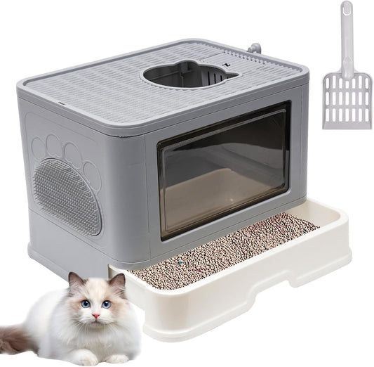 Foldable Cat Litter Box Top Entry Lid Drawer Easy Clean Large Capacity Grey