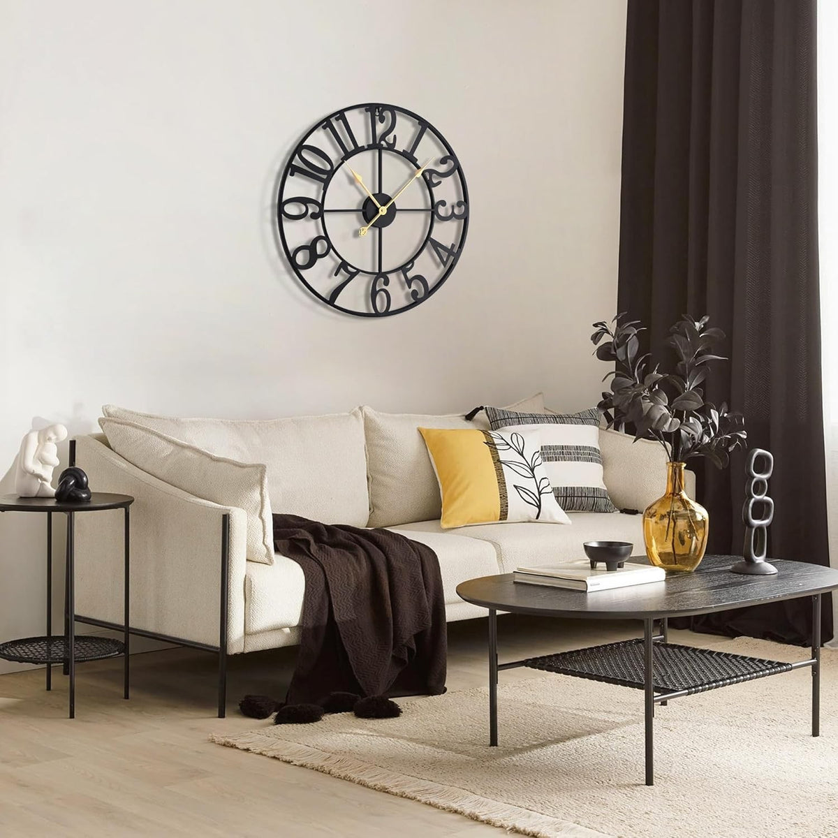 Wall Clock Large 60cm Metal Silent Non Ticking Arabic Numerals Black Decor Home
