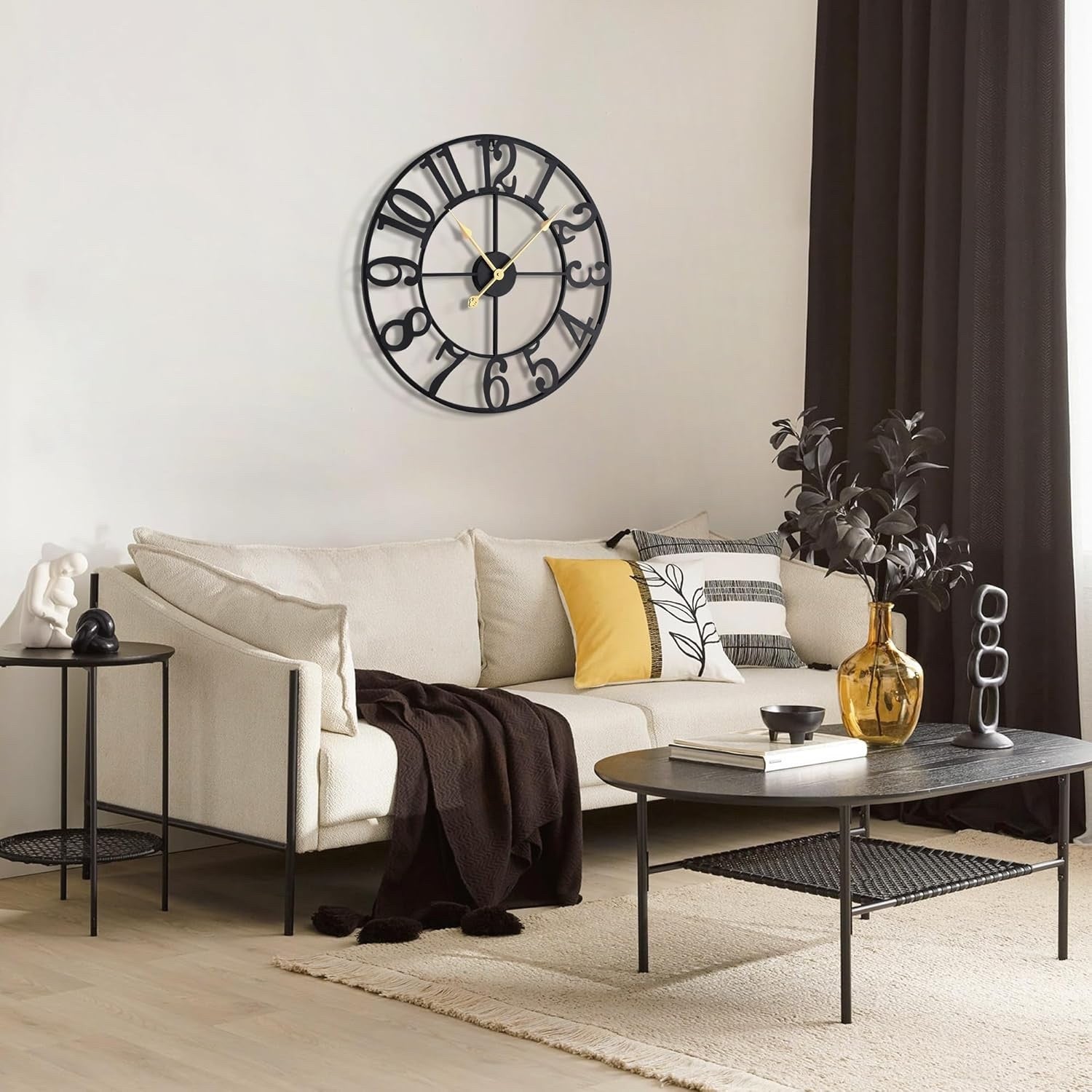 Wall Clock Large 60cm Metal Silent Non Ticking Arabic Numerals Black Decor Home