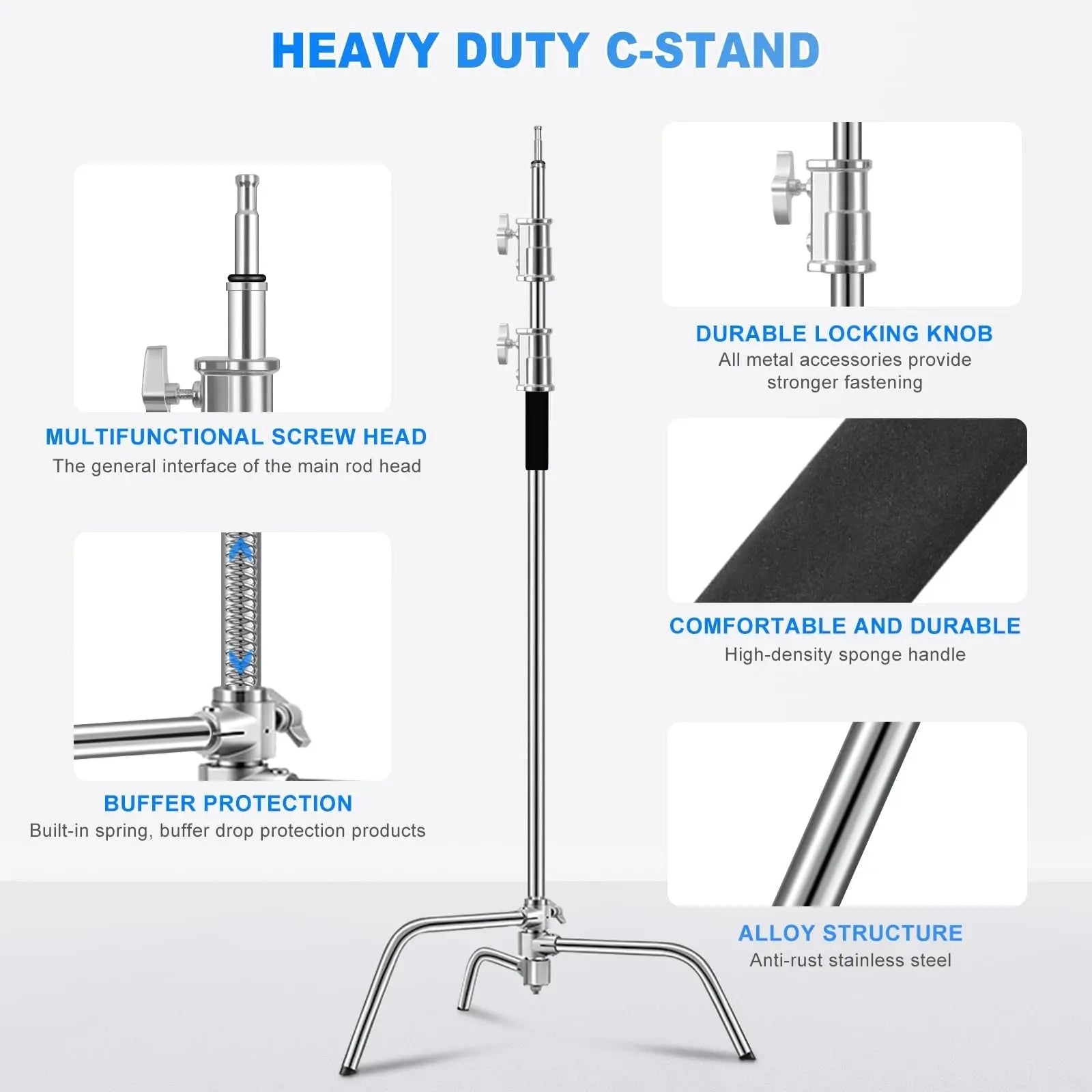 MSKIRA Stainless Steel C Stand with Boom Arm Max Height 10.8ft/330cm Heavy Duty