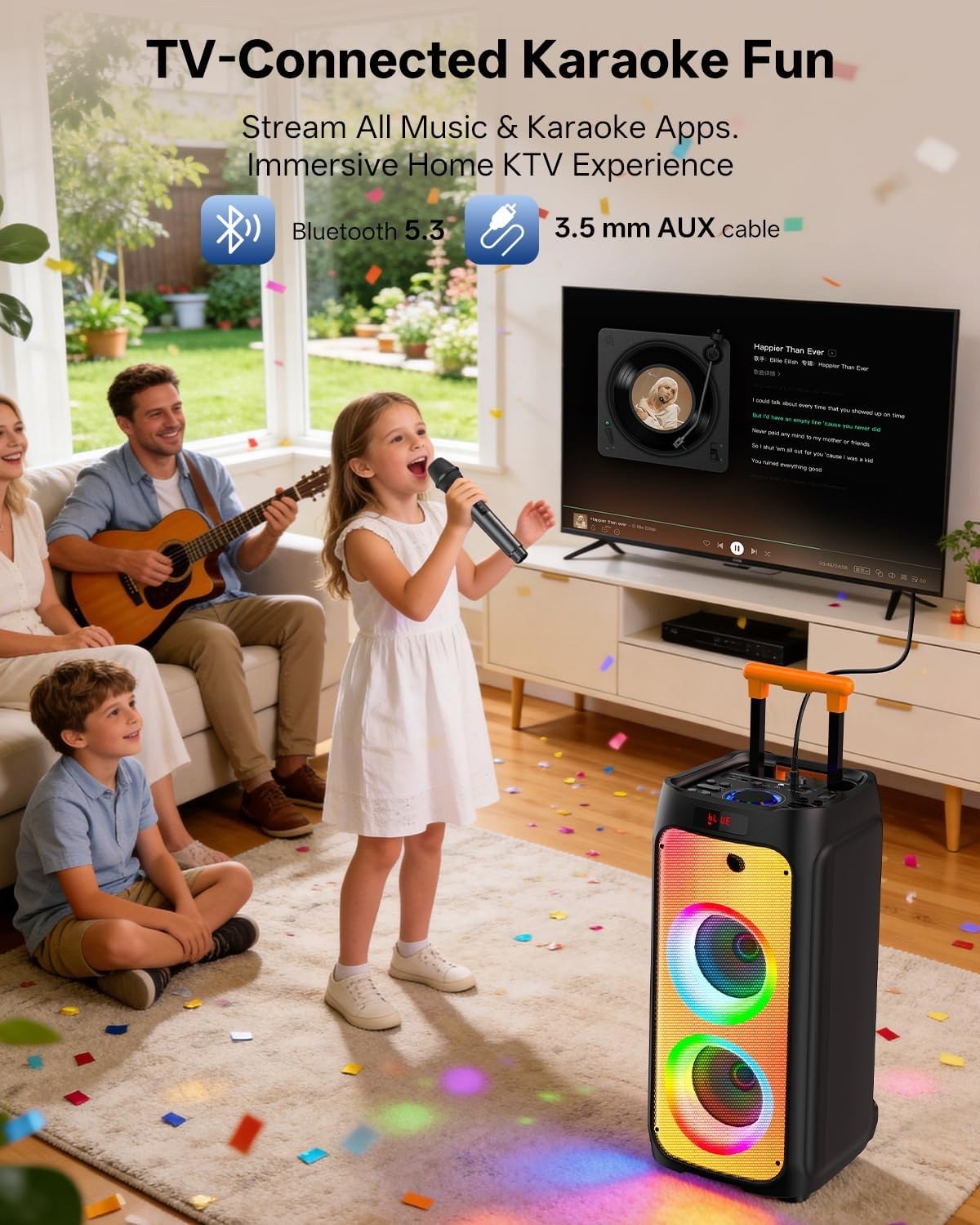 Karaoke Speaker Machine 500W Dual 8 Subwoofers 2 Wireless Mics Bluetooth Trolley