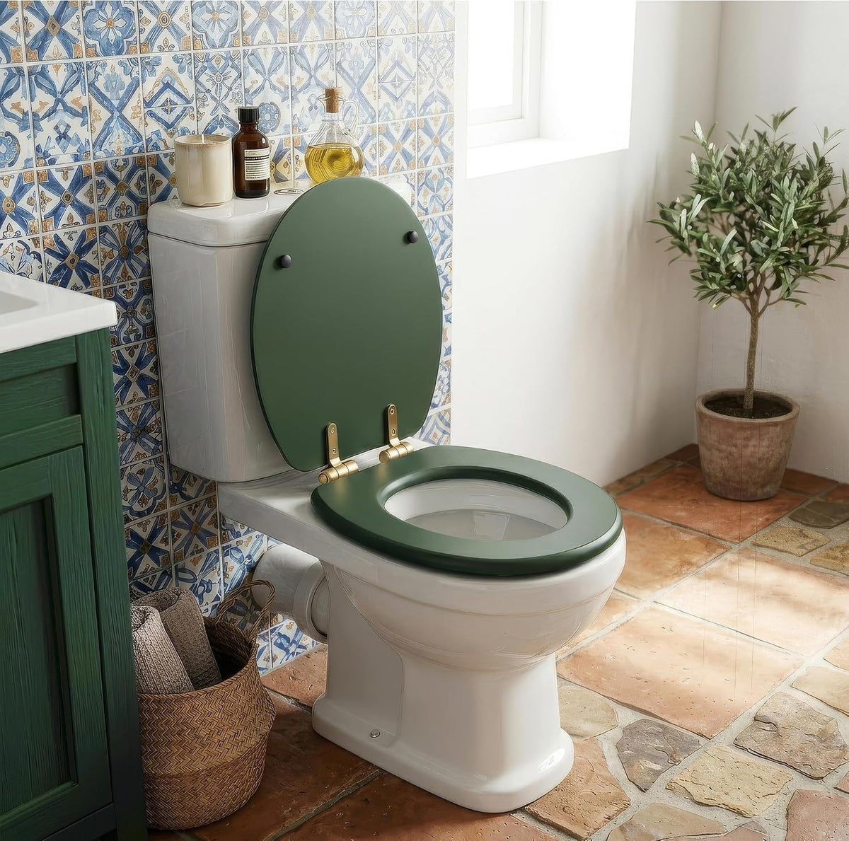 Soft Close Toilet Seat Wooden Green Gold Oval 43x36.5cm Bathroom Hinged Lid