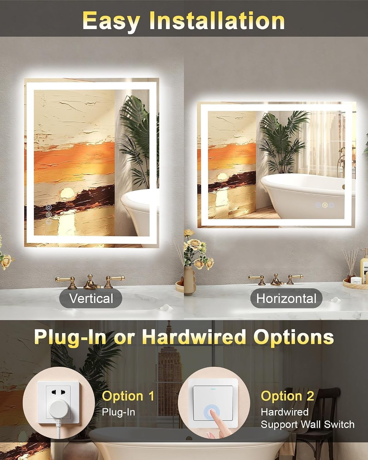 Bathroom Mirror LED 24x32in Front Backlit Anti-Fog Dimmable 3 Color Temperature