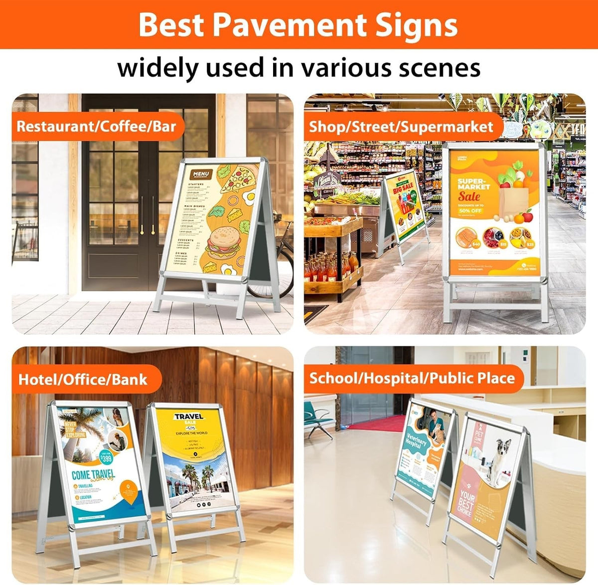 A2 Pavement Sign Board Double Sided A Frame Poster Display Silver Aluminium