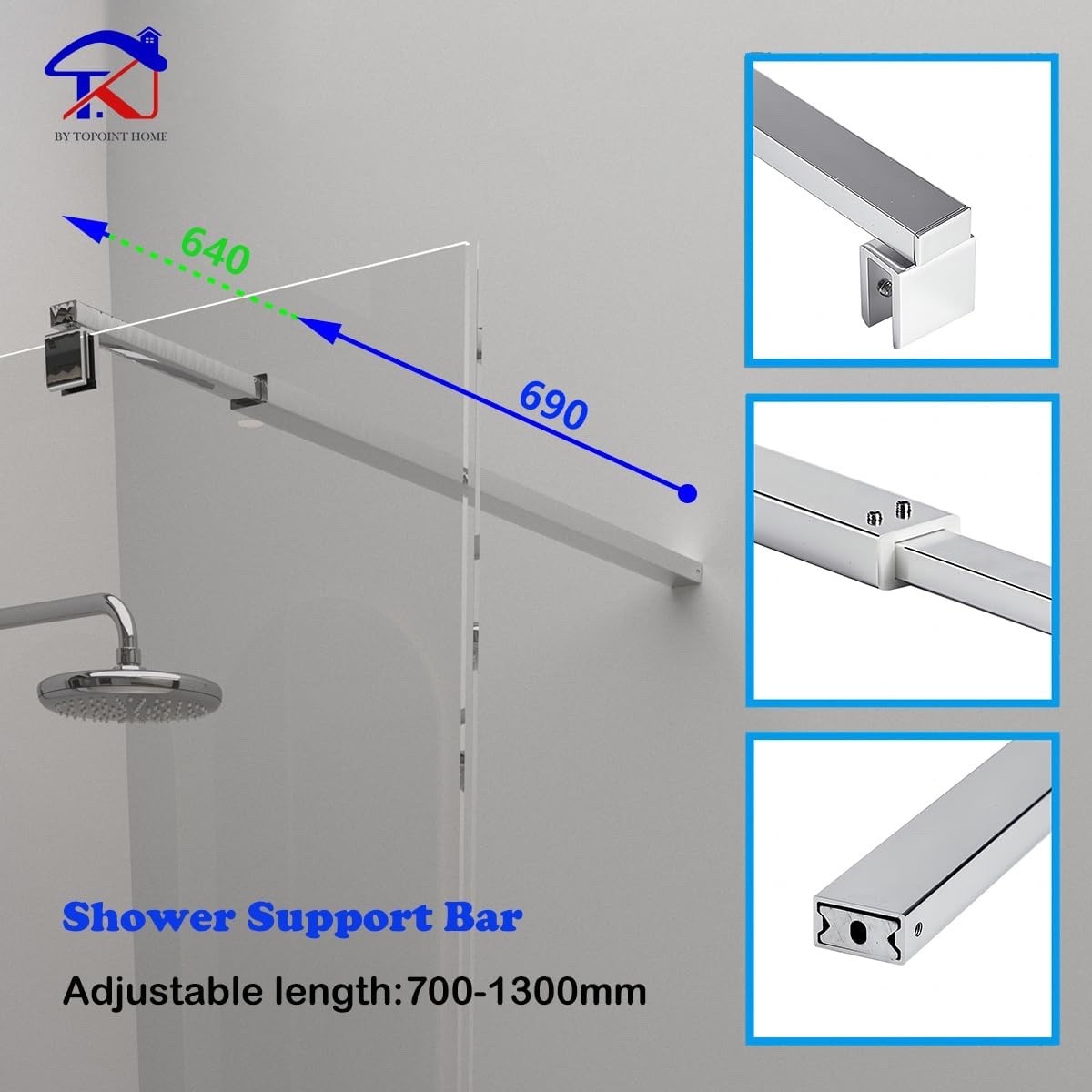 Shower Screen Support Bar Telescopic Chrome 700-1300mm Wet Room Glass 6-10mm