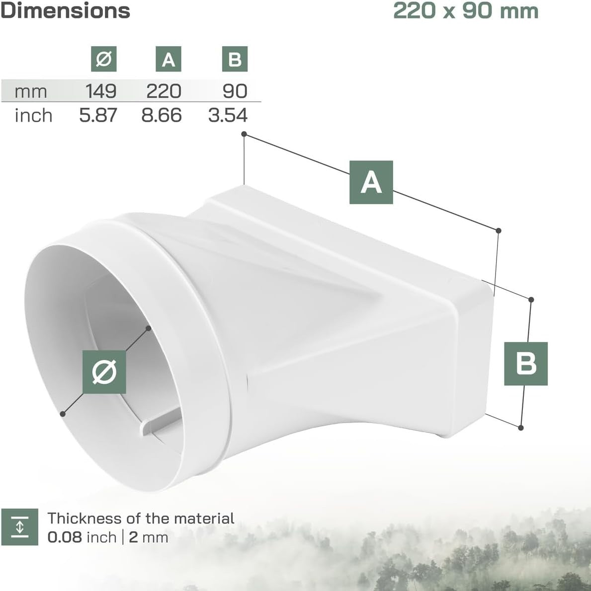 Ventilation Duct Connector 220x90mm to 150mm Round Pipe Rectangular Adapter