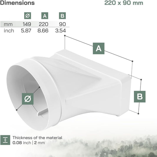 Ventilation Duct Connector 220x90mm to 150mm Round Pipe Rectangular Adapter