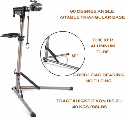 Bike Repair Work Stand Adjustable 360 Clamp Foldable Aluminium 40kg Champagne