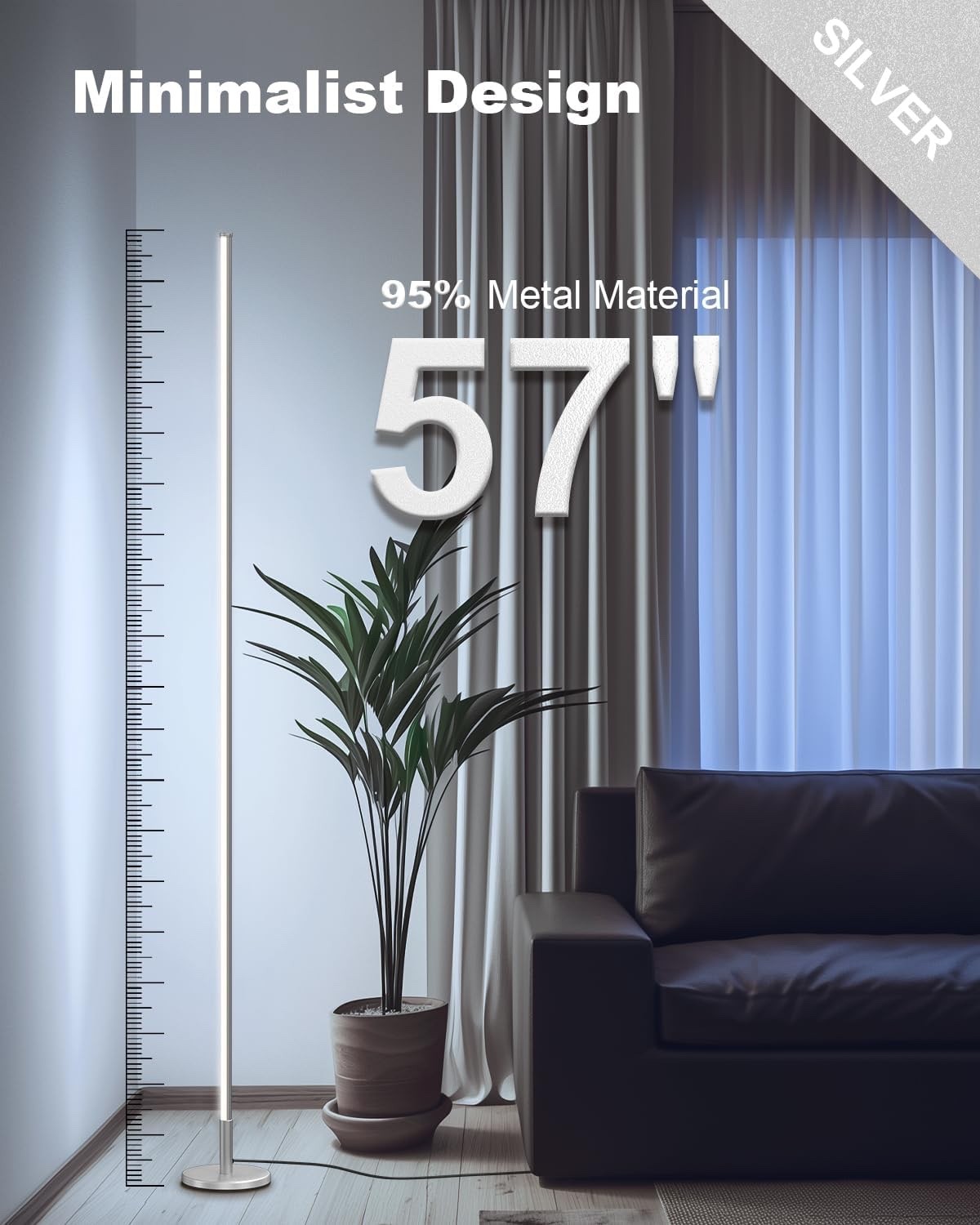 LED Floor Lamp Corner Dimmable 2700K-6500K Remote Standing Light Silver