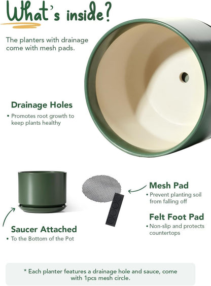 Ceramic Plant Pot Planter 25cm Green with Attached Saucer Drainage Hole Indoor