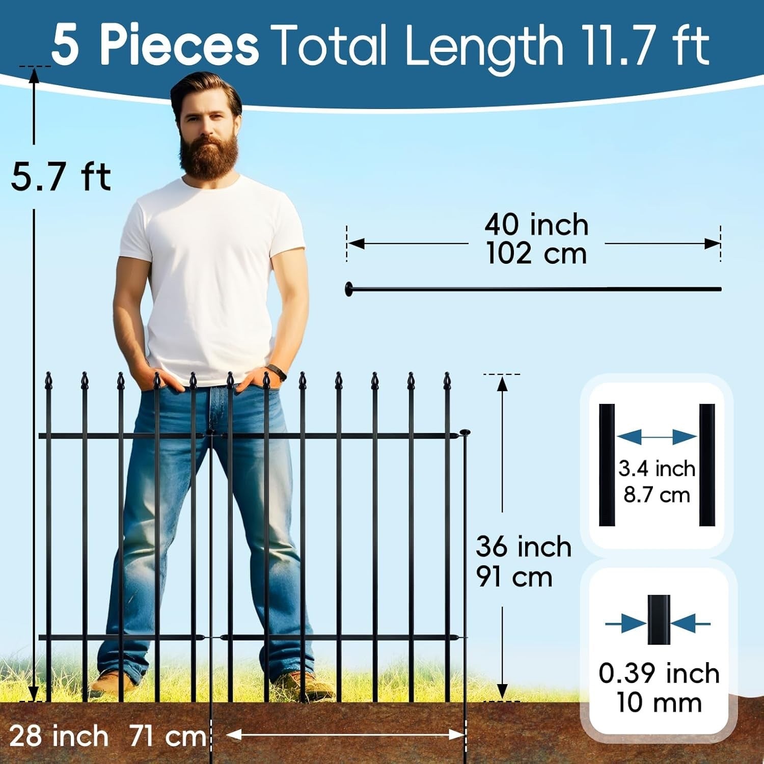 Metal Garden Fence Panels 5pc 91x71cm No Dig Border Dog Flower Bed Black Yard