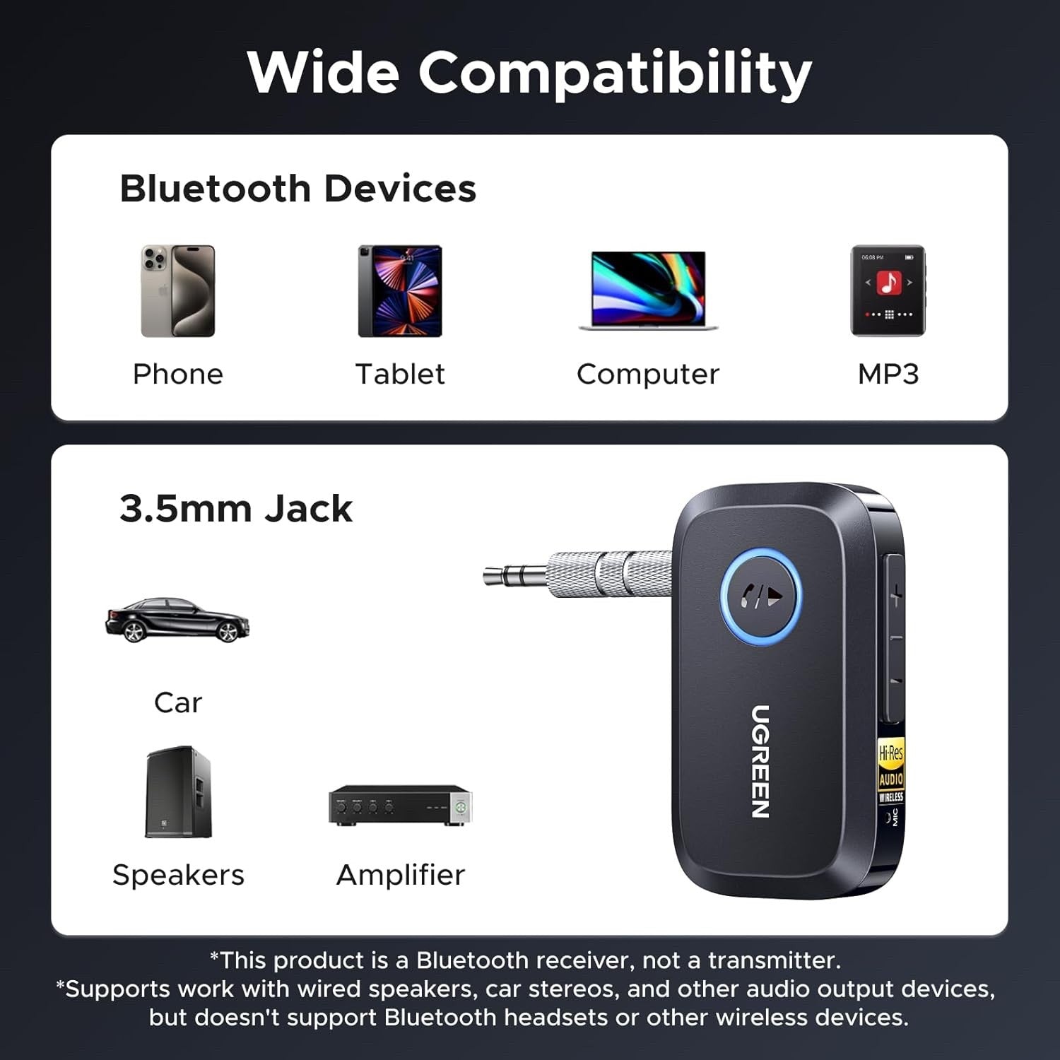Bluetooth AUX Car Adapter 6.0 LDAC Receiver Audio Handsfree Dual Link 17H Black