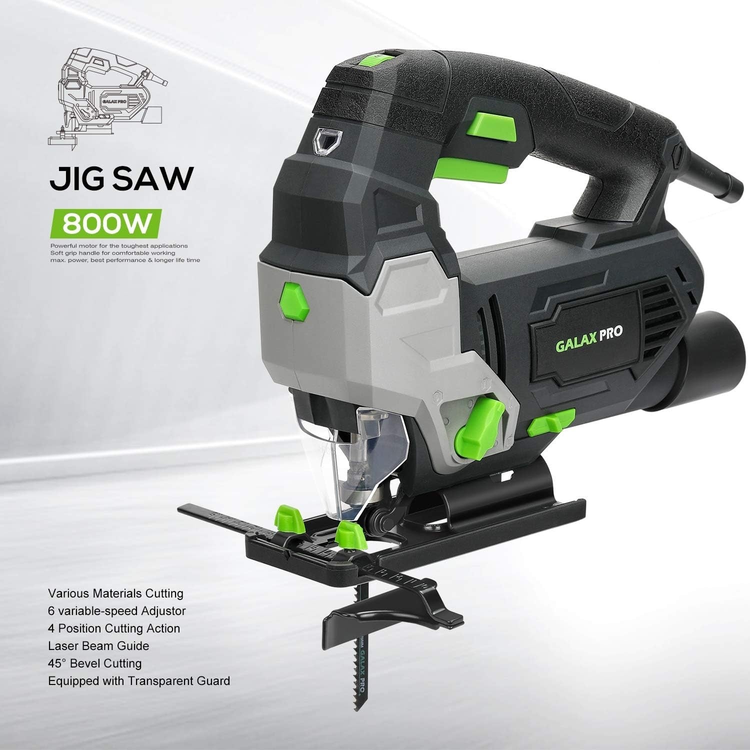 GALAX PRO Jigsaw 800W 3000 SPM Jig Saw Tool Max ±45° Bevel Cutting Angle
