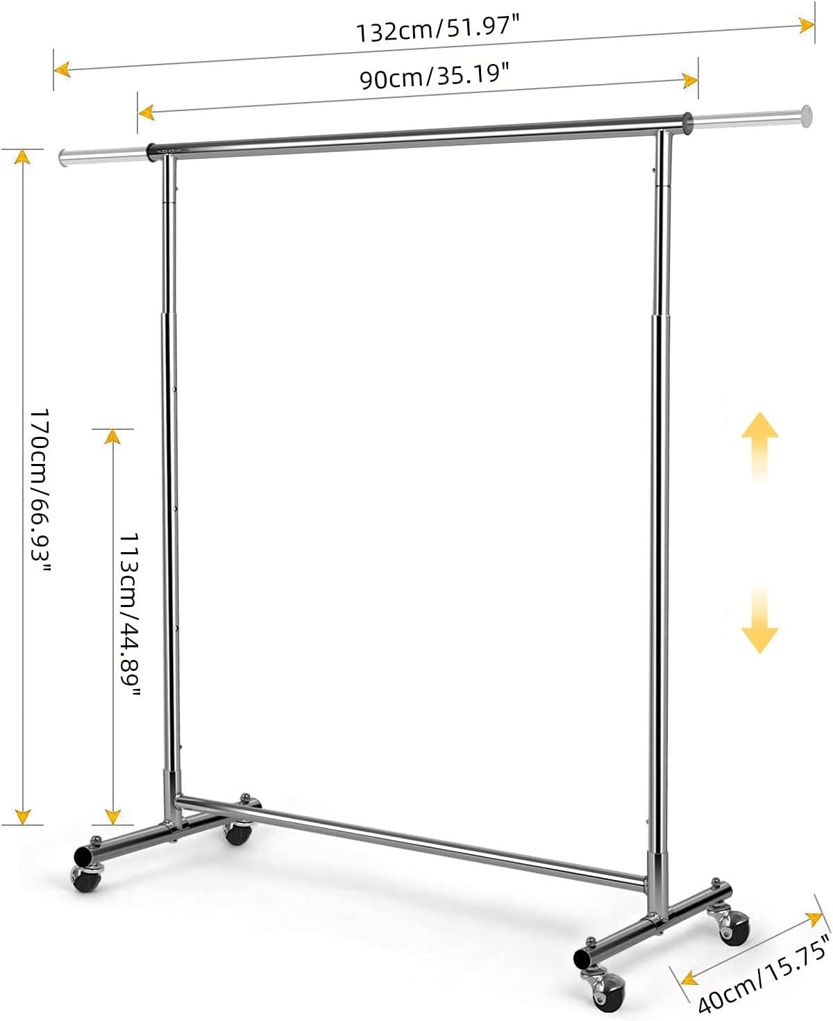 Clothes Rail Garment Rack Heavy Duty Adjustable Chrome Wheeled 90-132cm 100kg