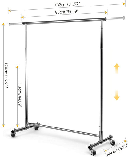 Clothes Rail Garment Rack Heavy Duty Adjustable Chrome Wheeled 90-132cm 100kg