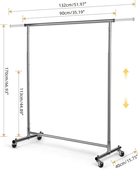 Clothes Rail Garment Rack Heavy Duty Adjustable Chrome Wheeled 90-132cm 100kg