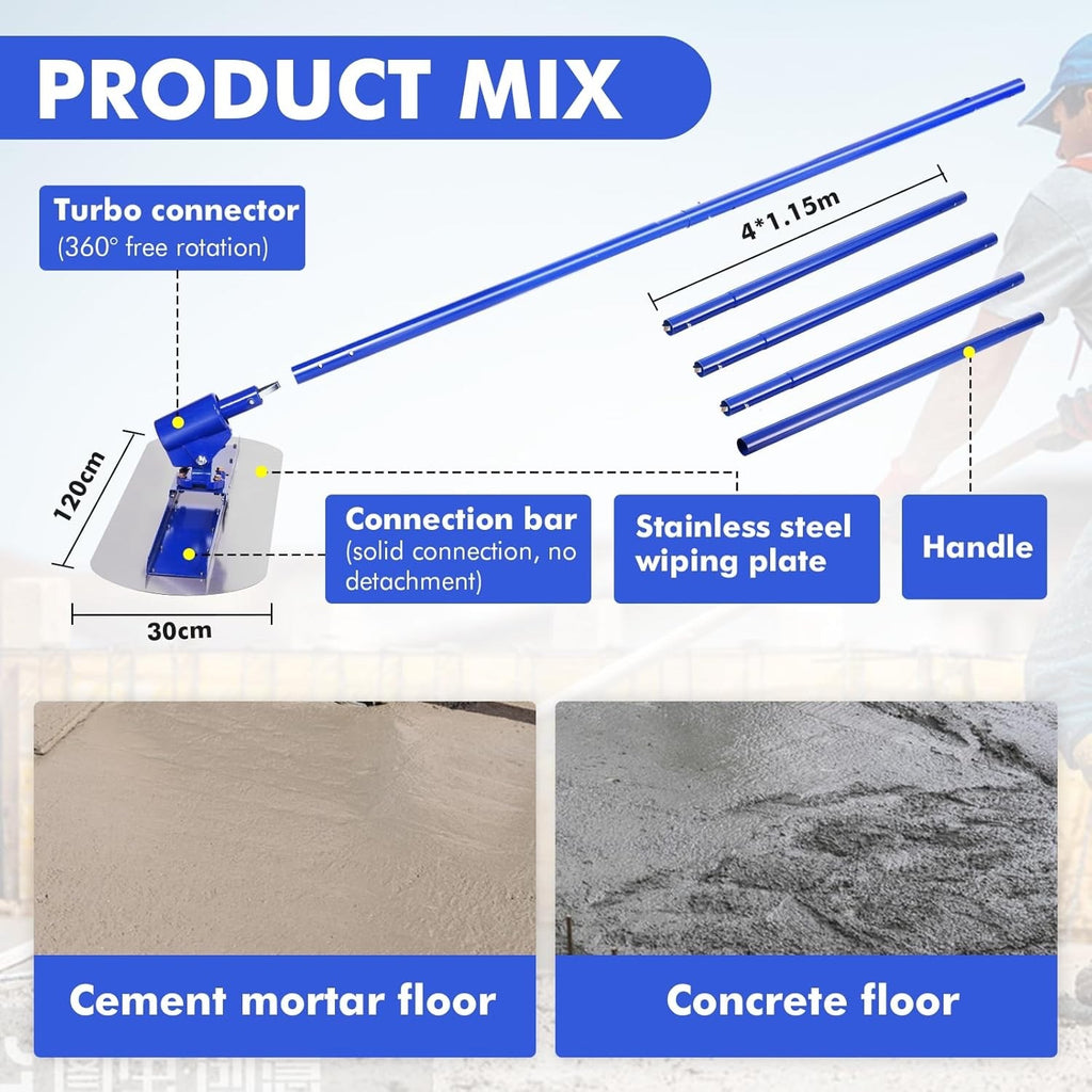 120x30cm Concrete Bull Float with 4 Handles 1.15m Aluminium Set Blue