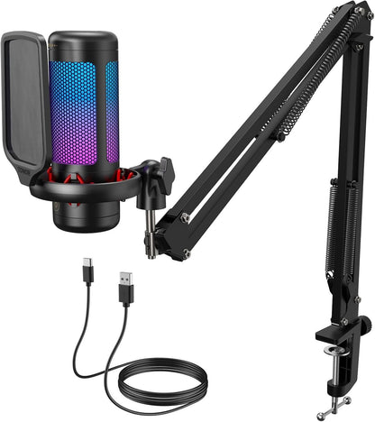 USB Microphone Gaming Condenser RGB Boom Arm Stand PC Streaming Podcast Black
