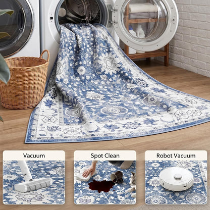Vintage Area Rug 200x300cm Blue Washable Non Slip Low Pile Floral Floor Mat