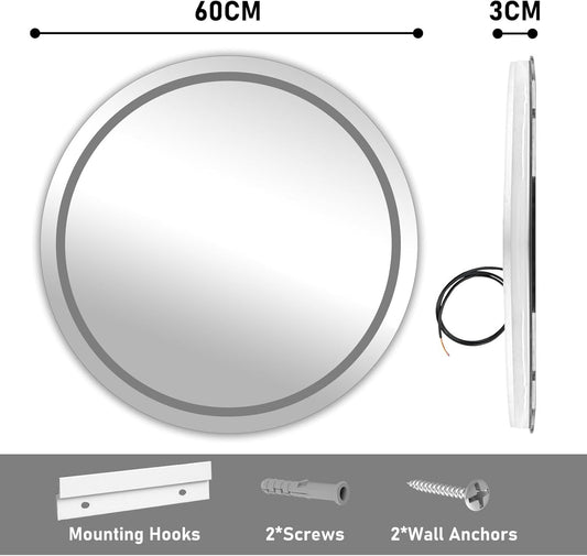 LED Bathroom Mirror 600mm Round Anti Fog Dimmable 3 Color Light Wall Mount