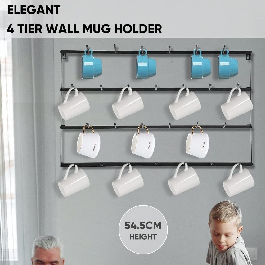 Wall Mounted Mug Holder 4 Tier Wrought Iron Coffee Cup Rack Black