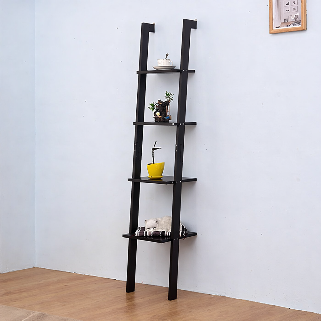 Ladder Shelf Bookcase Rack 4 Tier Tall Leaning Open Storage Black 160cm